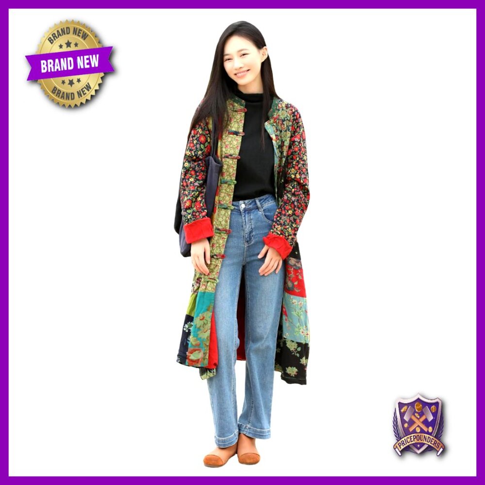 Oversized Cotton Linen Trench Coat Patchwork Cottagecore Artistic Long Jacket